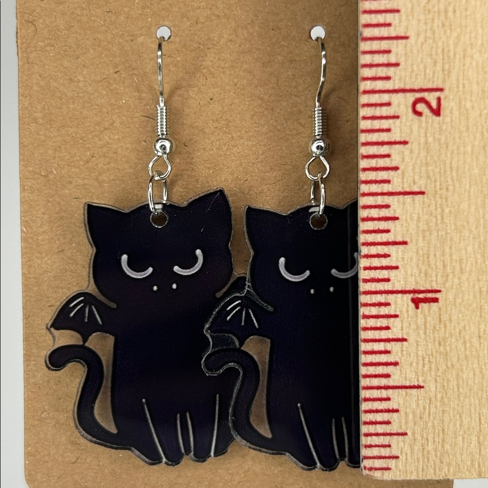 Acrylic 2D Halloween Cat With Bat Wings Earrings Quirky Novelty Fashion Jewelry - Picture 2 of 4